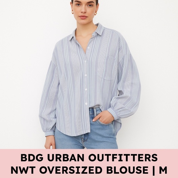 BDG Urban Outfitters Striped Cotton Oversized Open Back Coastal Grandma Shirt M - Picture 1 of 13
